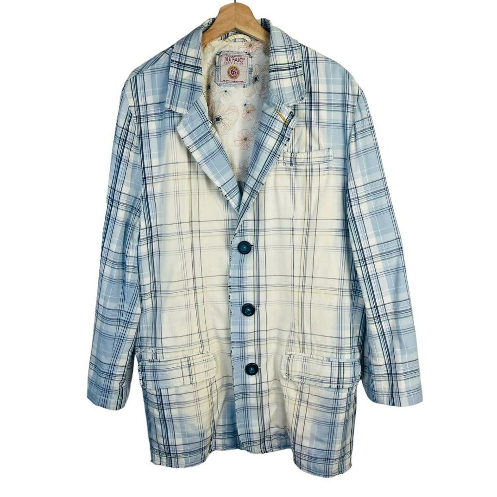 BUFFALO DAVID BITTON Mens Blue Plaid Sports Coat Size 46 Embroidered Floral Suit